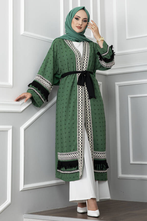 Garnili Püskül Detaylı Tesettür Kimono Yeşil
