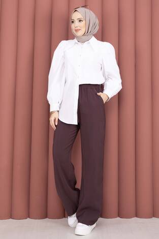 Geniş Paça Cepli Tensel Pantolon Bordo - Thumbnail