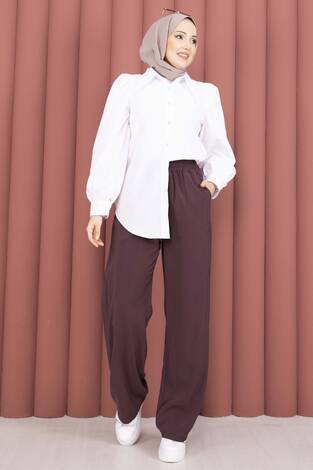 Geniş Paça Cepli Tensel Pantolon Bordo - Thumbnail