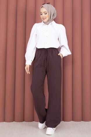 Geniş Paça Cepli Tensel Pantolon Bordo - Thumbnail