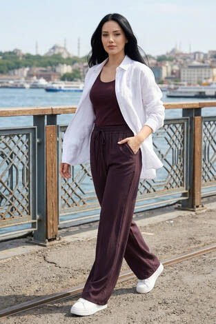 Geniş Paça Cepli Tensel Pantolon Bordo