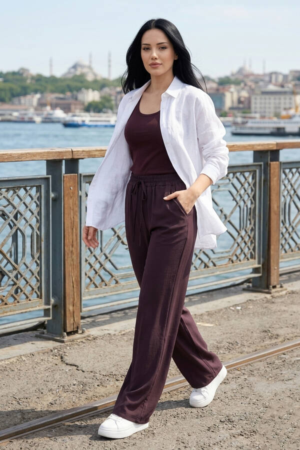 Kç - Geniş Paça Cepli Tensel Pantolon Bordo