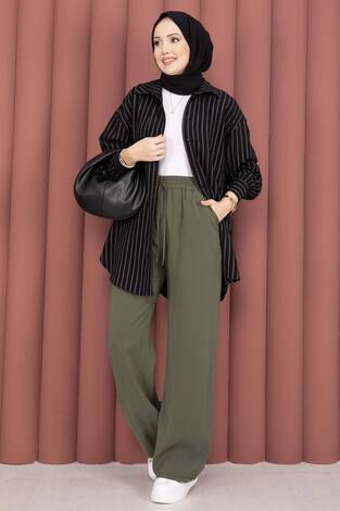 Geniş Paça Cepli Tensel Pantolon Haki - Thumbnail