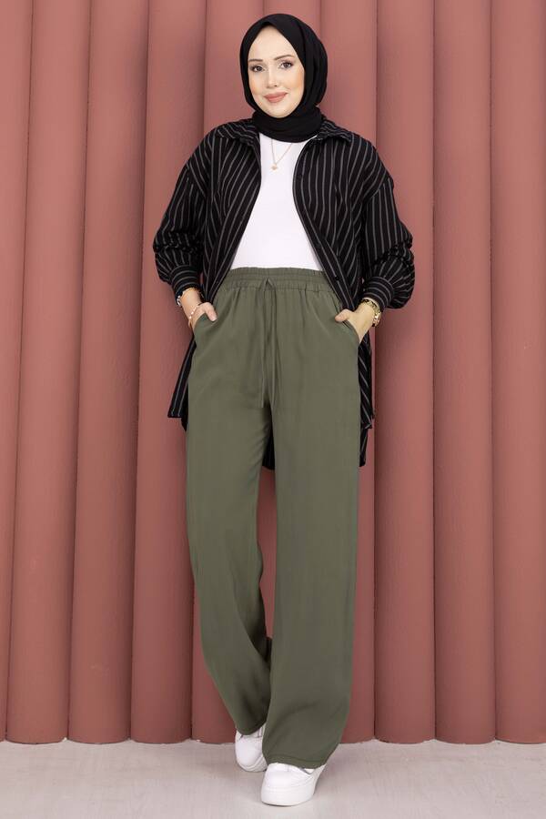 Geniş Paça Cepli Tensel Pantolon Haki - 4