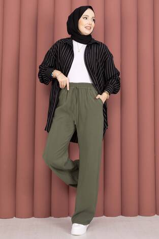 Geniş Paça Cepli Tensel Pantolon Haki - Thumbnail