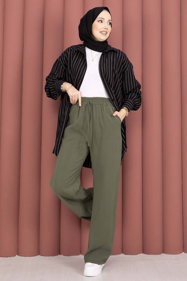 Geniş Paça Cepli Tensel Pantolon Haki - 5