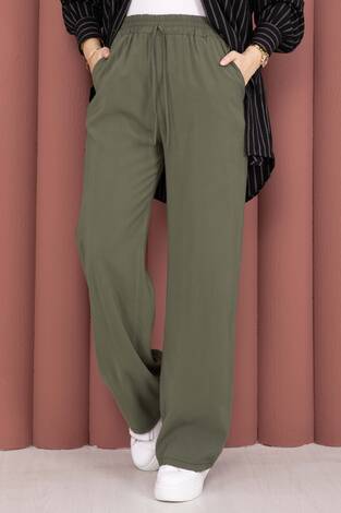 Geniş Paça Cepli Tensel Pantolon Haki - Thumbnail