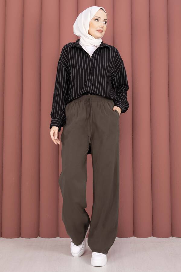 Kç - Geniş Paça Cepli Tensel Pantolon Kahve