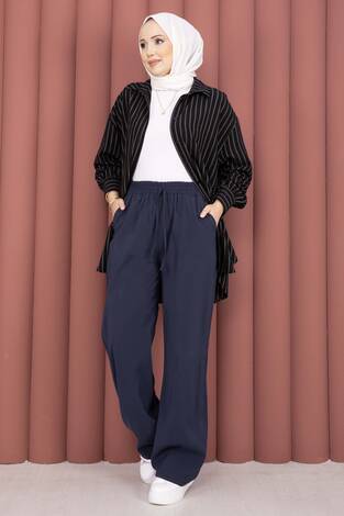 Geniş Paça Cepli Tensel Pantolon Lacivert - Thumbnail