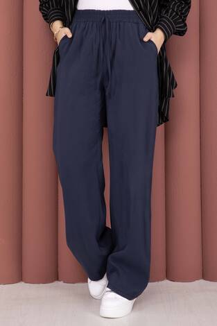 Geniş Paça Cepli Tensel Pantolon Lacivert - Thumbnail
