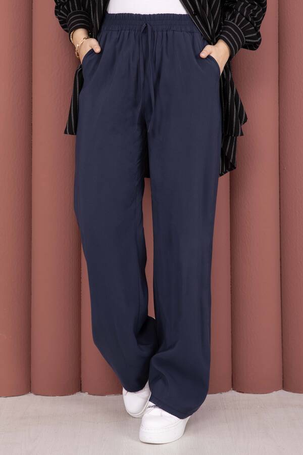 Kç - Geniş Paça Cepli Tensel Pantolon Lacivert (1)