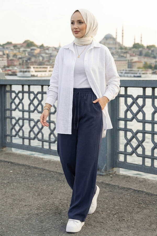 Kç - Geniş Paça Cepli Tensel Pantolon Lacivert