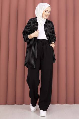 Geniş Paça Cepli Tensel Pantolon Siyah - Thumbnail