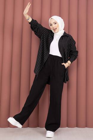 Geniş Paça Cepli Tensel Pantolon Siyah - Thumbnail