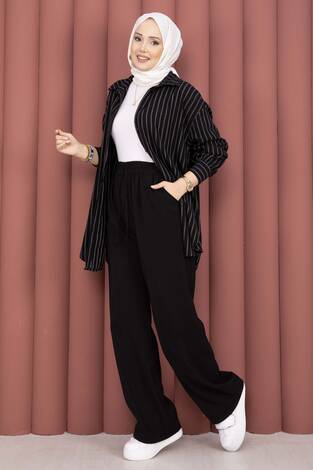 Geniş Paça Cepli Tensel Pantolon Siyah - Thumbnail