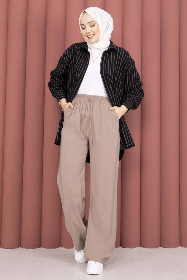 Kç - Geniş Paça Cepli Tensel Pantolon Vizon