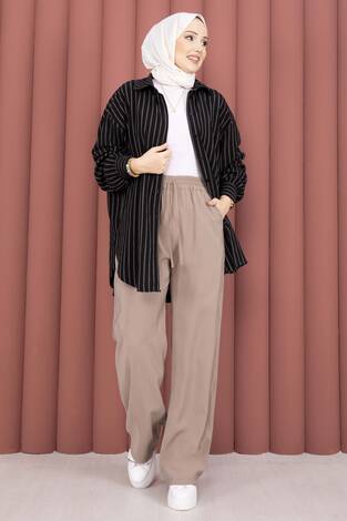 Geniş Paça Cepli Tensel Pantolon Vizon - Thumbnail