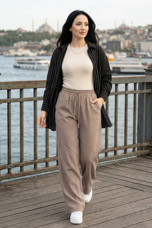 Kç - Geniş Paça Cepli Tensel Pantolon Vizon