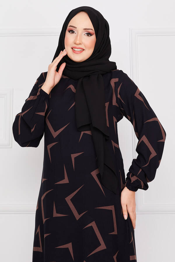 Nz - Geometri Desenli Tesettür Elbise Siyah-Vizon (1)