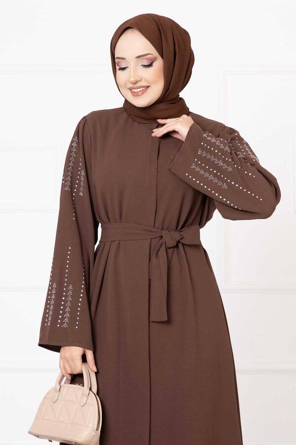 Efs - Gizli Düğmeli Taş Dizayn Abaya Kahve (1)
