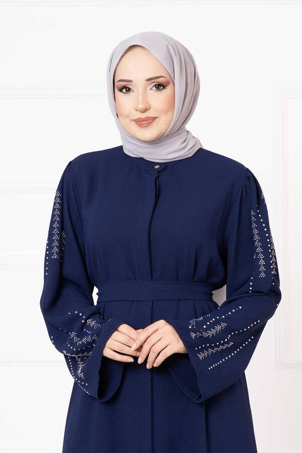 Efs - Gizli Düğmeli Taş Dizayn Abaya Lacivert (1)
