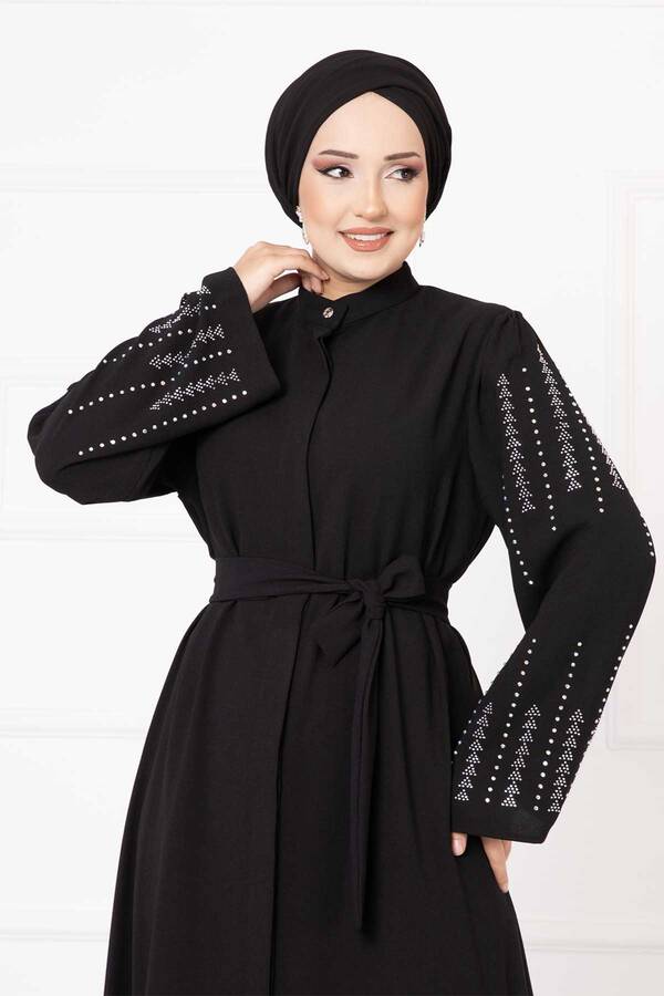 Efs - Gizli Düğmeli Taş Dizayn Abaya Siyah (1)