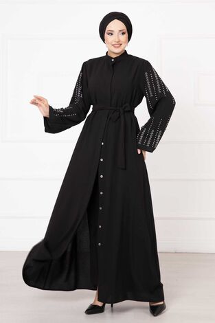 Gizli Düğmeli Taş Dizayn Abaya Siyah - Thumbnail