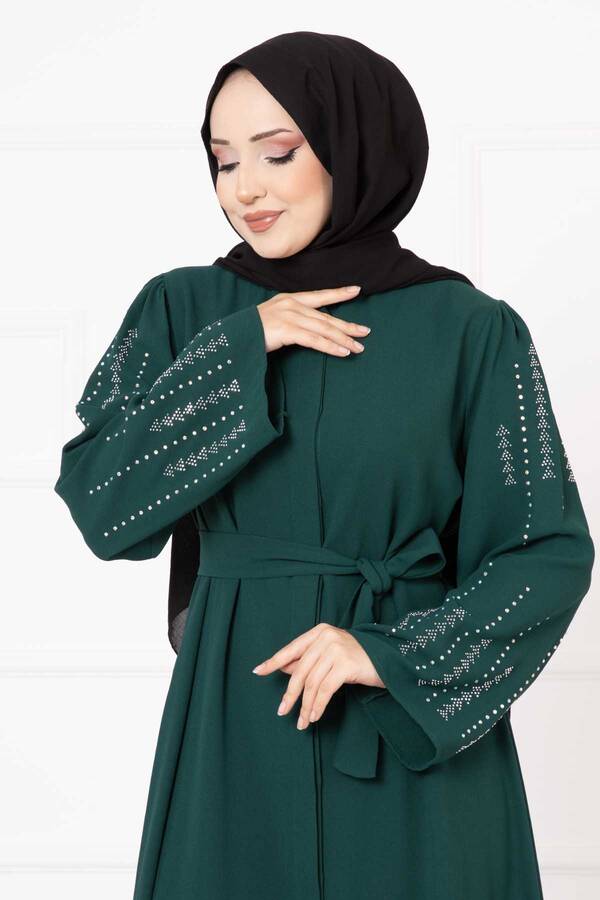 Efs - Gizli Düğmeli Taş Dizayn Abaya Zümrüt (1)