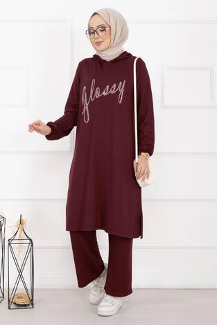 Glossy Taş Detaylı Kapüşonlu Tesettür Takım Bordo - Thumbnail