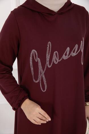 Glossy Taş Detaylı Kapüşonlu Tesettür Takım Bordo - Thumbnail