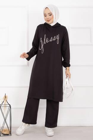 Glossy Taş Detaylı Kapüşonlu Tesettür Takım Füme - Thumbnail