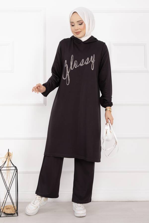 Glossy Taş Detaylı Kapüşonlu Tesettür Takım Füme - 3