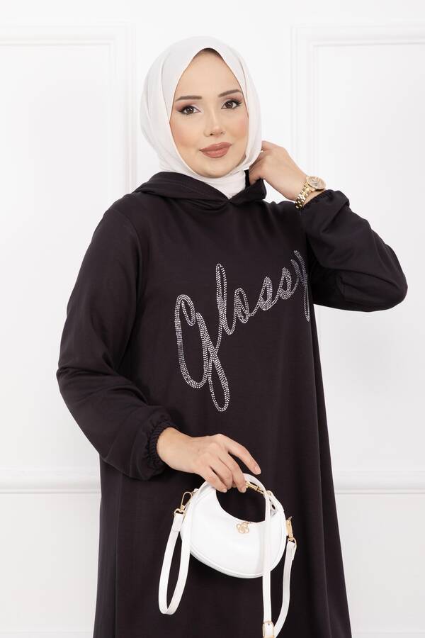 Azr - Glossy Taş Detaylı Kapüşonlu Tesettür Takım Füme (1)