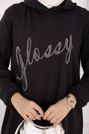 Glossy Taş Detaylı Kapüşonlu Tesettür Takım Füme - Thumbnail