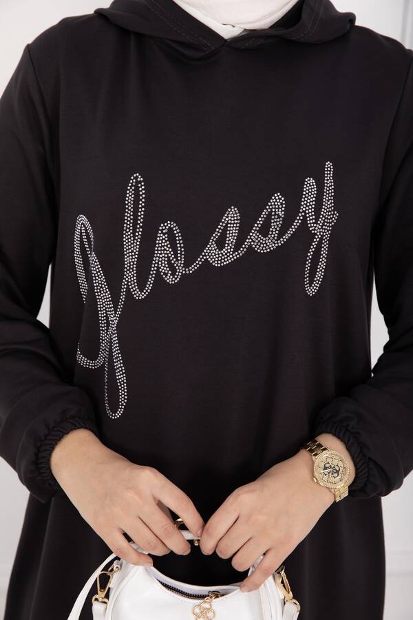 Glossy Taş Detaylı Kapüşonlu Tesettür Takım Füme - 5