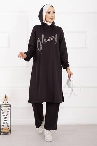 Glossy Taş Detaylı Kapüşonlu Tesettür Takım Füme - Thumbnail