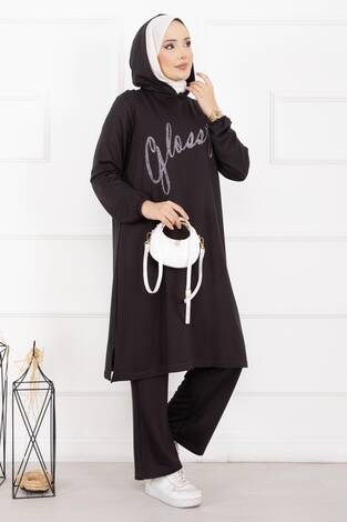 Glossy Taş Detaylı Kapüşonlu Tesettür Takım Füme - Thumbnail