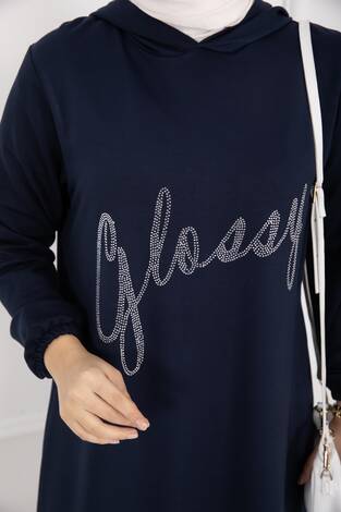 Glossy Taş Detaylı Kapüşonlu Tesettür Takım Lacivert - Thumbnail