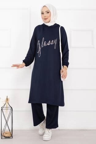 Glossy Taş Detaylı Kapüşonlu Tesettür Takım Lacivert - Thumbnail