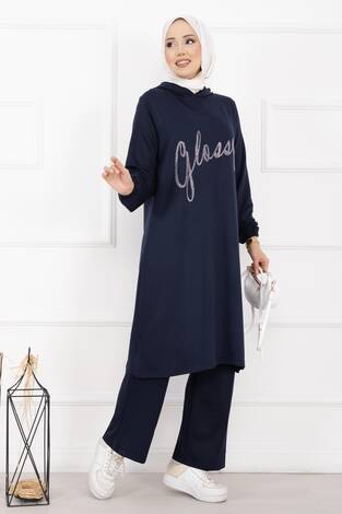 Glossy Taş Detaylı Kapüşonlu Tesettür Takım Lacivert - Thumbnail