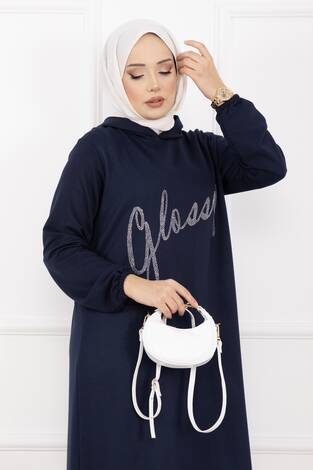 Glossy Taş Detaylı Kapüşonlu Tesettür Takım Lacivert - Thumbnail