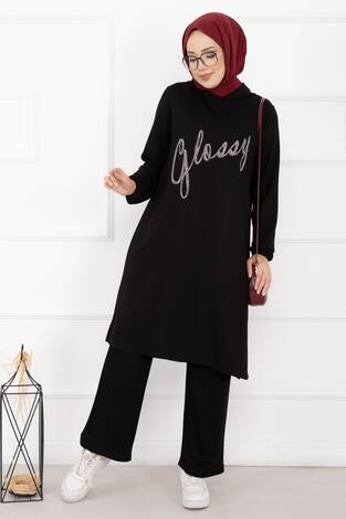 Glossy Taş Detaylı Kapüşonlu Tesettür Takım Siyah - Thumbnail
