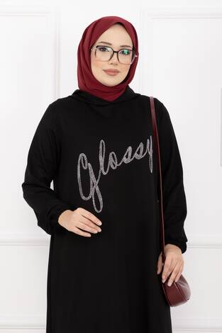 Glossy Taş Detaylı Kapüşonlu Tesettür Takım Siyah - Thumbnail