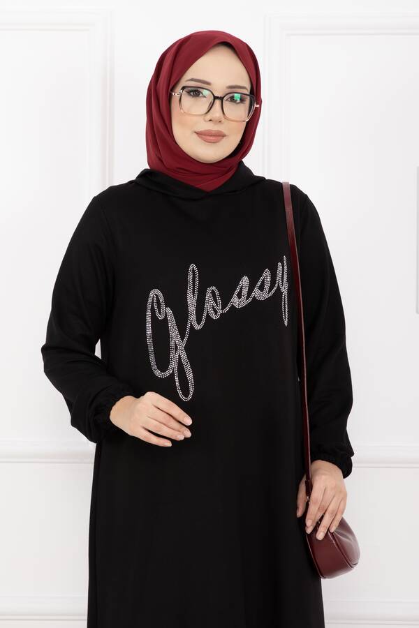 Azr - Glossy Taş Detaylı Kapüşonlu Tesettür Takım Siyah (1)