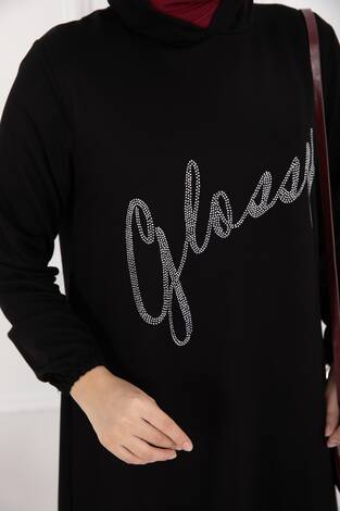 Glossy Taş Detaylı Kapüşonlu Tesettür Takım Siyah - Thumbnail