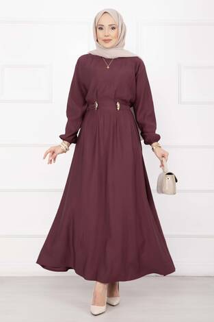 Gold Broş Bel Detaylı Tesettür Elbise Bordo - Thumbnail
