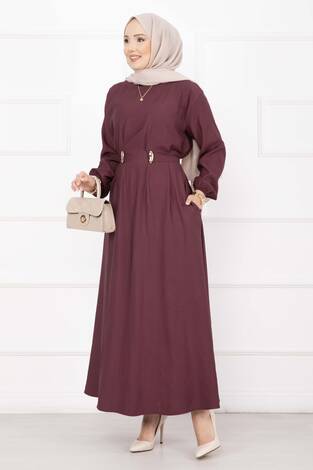 Gold Broş Bel Detaylı Tesettür Elbise Bordo - Thumbnail
