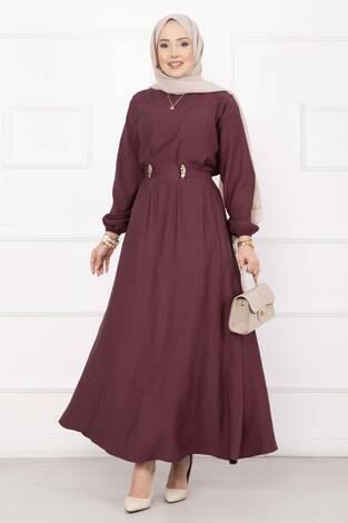 Gold Broş Bel Detaylı Tesettür Elbise Bordo - Thumbnail