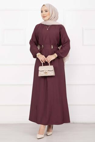 Gold Broş Bel Detaylı Tesettür Elbise Bordo - Thumbnail