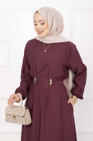 Gold Broş Bel Detaylı Tesettür Elbise Bordo - Thumbnail